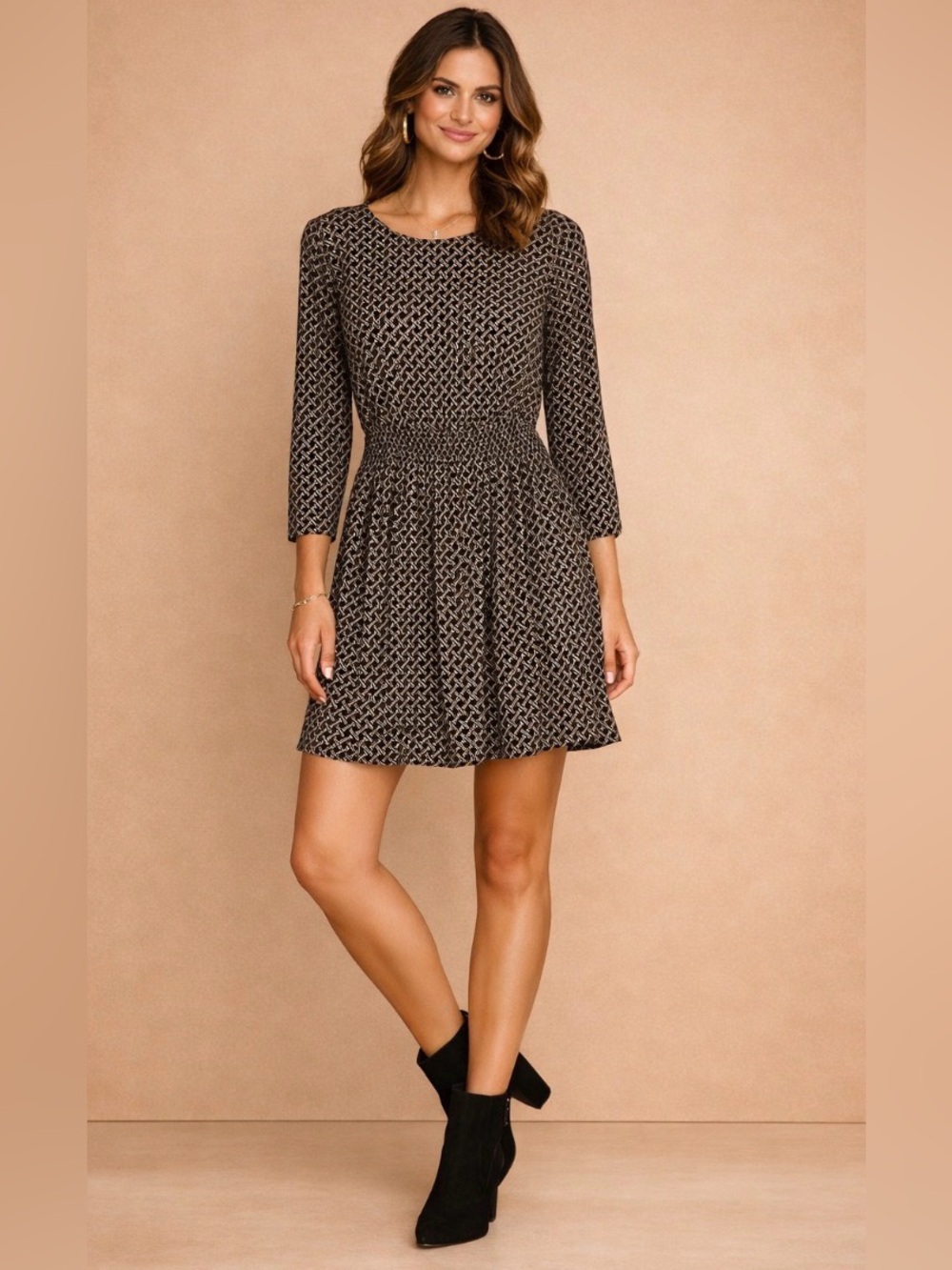 H&M Geometric Print Long Sleeve Dress Brown Black Smocked Waist Size 2